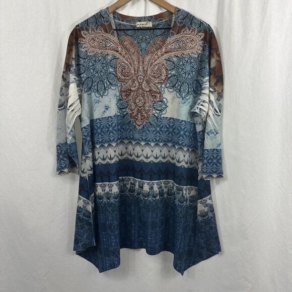 One World Embellished Asymmetric Artsy Tunic Top Womens XXL Hippie - Picture 1 of 11